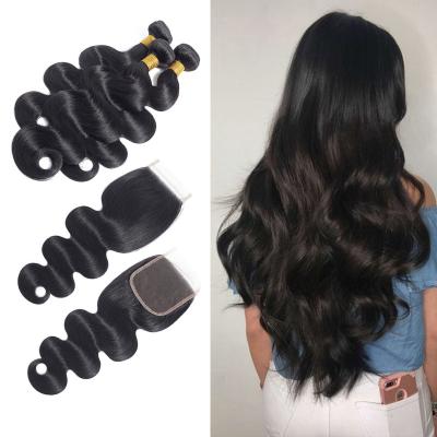 China 8a Grade Raw Unprocessed Virgin Indian Hair 100% Brazilian Body Wave Bundles With Lace Front Closure for sale