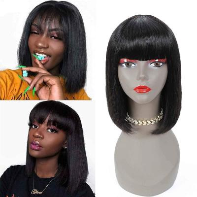 China Short Black Bob Wigs Peruvian Raw, Bob Wigs Lace Front Wholesale, Cheap Prices Silky Straight Wave 8-14 Inch No Glue Bob Wigs With Bangs for sale