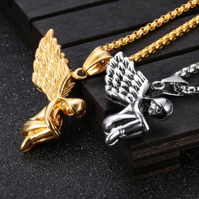 China FASHIONABLE retro punk rock goth tide personality foreign trade male angel wings titanium steel necklace pendant for sale