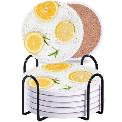 China Lemon Sustainable Pattern Absorbent Coaster With Scratch Preventing Cork Base for sale