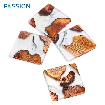 China Stylish Square Handcrafted Hot Viable Sale Heat Insulation Olive Wood And Epoxy Resin Coasters For Coffee Tea Drink for sale