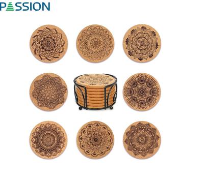 China Factory Sale Viable Set Of 8 Printing Customized Cork Drink Coaster Absorbent Mat With Metal Stand For Coffee Table for sale