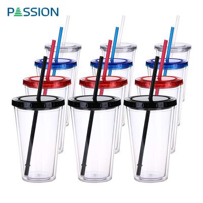 China Minimalist 16oz Customized Printing Double Wall Insulate Plastic Tumbler With Straws for sale