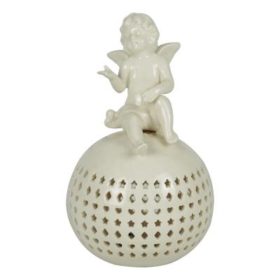 China Wholesale Europe Led Lighted Angel Home Indoor White Ceramic Decoration Sitting On The Ball for sale