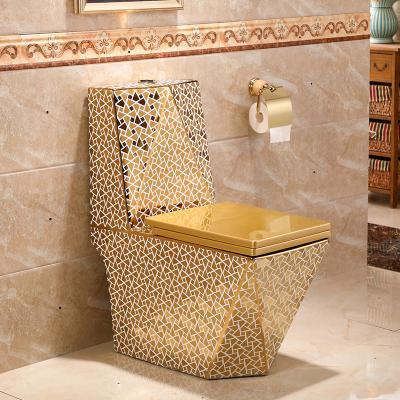 China Shiny Luxury Colored Double-flush Gold Bathroom Porcelain Flush Toilet Bowl for sale