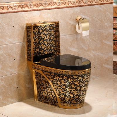 China WC Sanitary Ware Toilet Bowl Double-Flow Bathroom Ware Luxury Black Gold Plated One-Piece Ceramic Toilet for sale