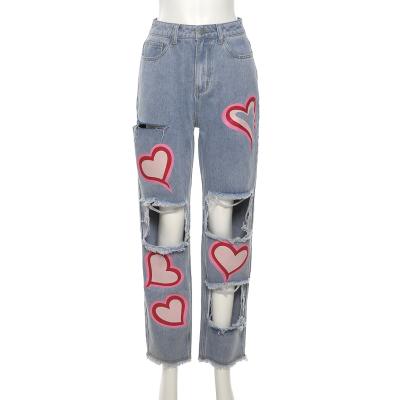 China Hot QUICK DRY Sexy Hollow Printed High Waist Straight Female Casual Jeans Pants Women New for sale