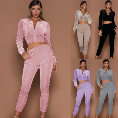 China Breathable Women Sports Set 2 Piece Pink Velvet Sweater Suit Clothes Casual Warm Pants Gaiters Female Cropped Upper for sale