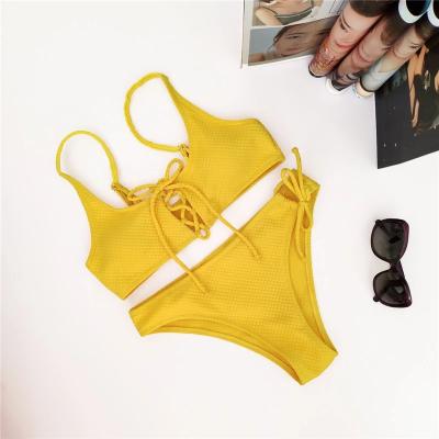 China Sexy Solid Women Front Crop Up Off-Shoulder Breathable High Cut Bikini Swimsuit Push Up Padded Swimwear Female Bikini Set for sale