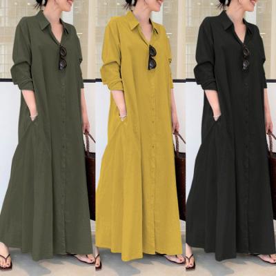 China 2022 Breathable New Cotton Simple Loose Shirt Dress And Solid Color Lapel Long Sleeve Canvas Pocket Long for sale