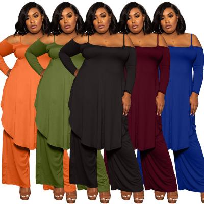 China 2022 Breathable Plus Size Women's Solid Irregular Strapless Tops Two Piece Pants Sets Women's Casual 2pcs Sets for sale