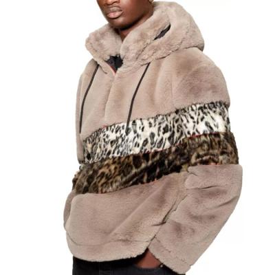 China Custom winter sherpa patchwork leopard print faux fur fleece hoodie men loose streetwear anti-shrink jacket men hoody for sale