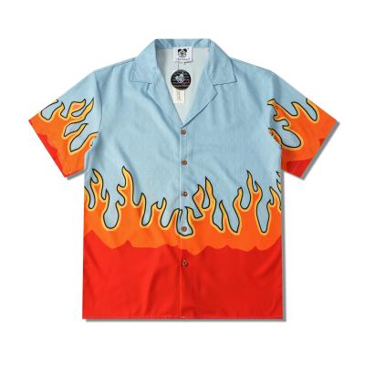 China Fashion Viable Shirt For Men Summer Hawaii Flame Print T-shirt Mens Casual Breathable High Street Single Breasted Oversized T-shirt for sale