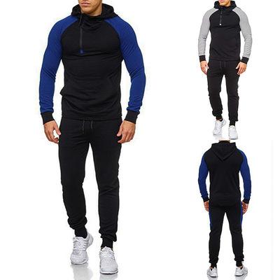 China Autumn Wholesale Men Breathable Zipper Men's Hooded Building Sweatsuit Quarter Fits Slim Fit Stripe Patchwork Sweatsuit for sale