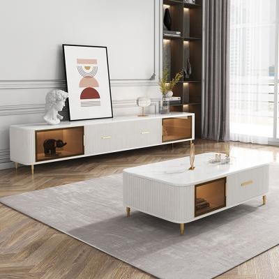 China Modern Living Room Furniture Modern Glass White Black Gold TV Stand and Coffee Table Set Cabinet Latest Design TV Stands for sale