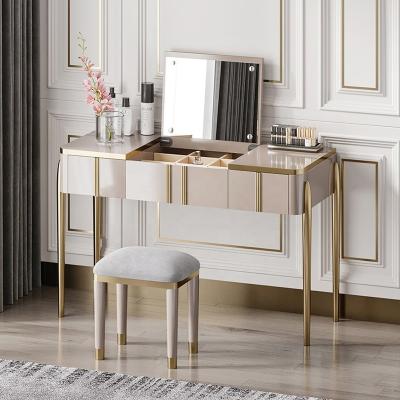 China Bedroom Furniture Stainless Steel Metal Hotel Tables Modern Makeup Mirrored Vanity Dressing Table And Chairs for sale