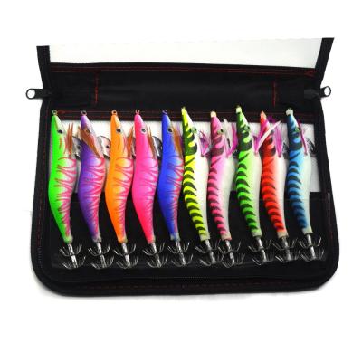 China 10pcs/set 3.5# ABS Plastic Fishing Lures Wooden Jig Hooks Shrimp Artificial Spinner Lures Kit Cases Glow Bait Squid Jigs for sale