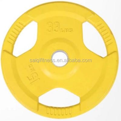 China Rubber Colored Weight Lfiting Three Holes Hand Grip Barbell Weight Plate for sale