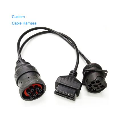 China OEM OBD2 Extension J1939 + ODM Black Custom 16 Pin OBD2 OBDII J1939 Y Adapter Shielded Cable For Heavy Duty Truck for sale