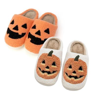 China Light Weight Cute Fuzzy Halloween Pumpkin Jack-o-lantern Plush Slippers Bad Bunny Heart Slippers Slides Smiley Slippers Evil Eyes Face for sale