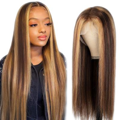 China Good Luck Straight Highlight 4/27 Color 13*4 150% Highlighted Transparent Lace Front Brazilian Virgin Hair Wigs Lace Frontal Wig for sale