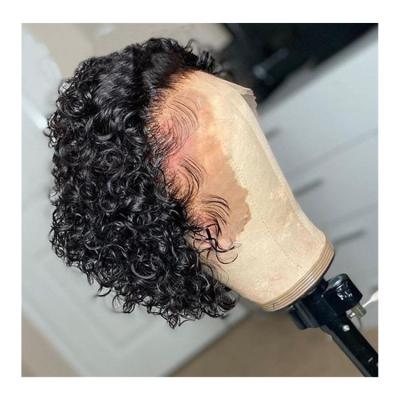 China Short Bang Curly Blonde Wig Good Luck Hair Natural Black Pixie Cut Bob Hair 13*4 Transparent Lace Frontal Wig for sale