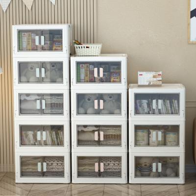 China Sustainable Clear Double Door White Plastic Folding Wardrobe Stacking Storage Box With Wheels for sale