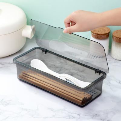 China Food Grade Drain Hole Design Kitchen Flatware Chopsticks Box Viable Clear Plastic Storage Container With Cover for sale