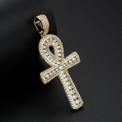 China Solid 14K Yellow Gold Religious Egyptian Cross Charm Ankh Pendant Iced Out CZ Hip Hop Religious Jewelry For Women Men for sale