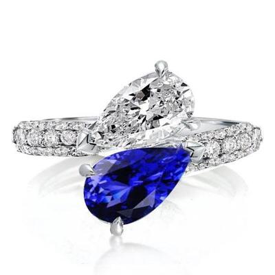 China Lead Free 925 Sterling Silver Vintage Two Stone Pear Cut Blue and White Cubic Zirconia Engagement Rings for Her Anniversary Jewelry Gifts for sale