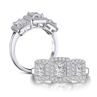 China Lead Free Unique Zircon Brilliant Radiant Cut Rings 925 Sterling Silver Engagement Three Stone Halo Ring for sale