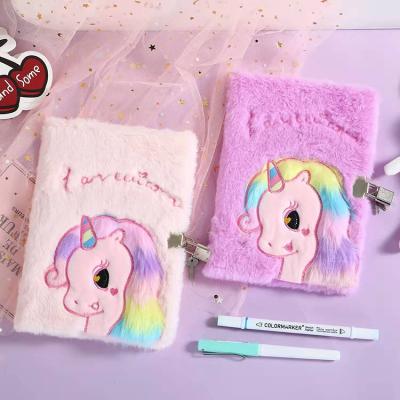 China Wholesale Custom Hardcover Factory Gift 2022uptodate Unicorn Plush Toy With Lock Cute Diary Plush Notebook For Students for sale