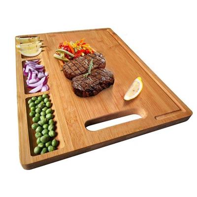 China Large Viable Organic Bamboo Cutting Board with 3 Compartments and Built-in Juice Grooves for the Kitchen for sale