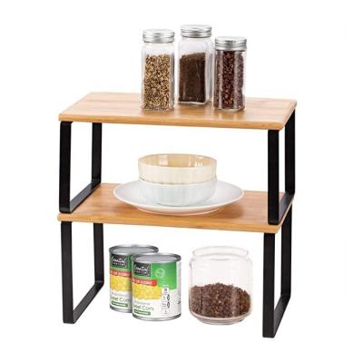 China Kitchen Cupboard Counter Shelf Organizer Wood Stackable Storage Viable Bamboo Rack For Kitchen for sale