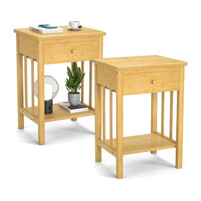 China Folding Natural Nightstand Set of 2, Bamboo Bedside End Side Table with Drawer and Shelf Storage for Bedroom for sale