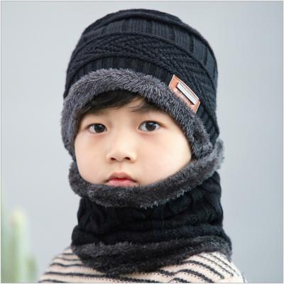 China COMMON Knit Hat Thick Fleece Striped Winter Children Wool Knitted Winter Hat Scarf Set for sale