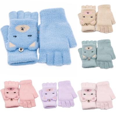 China Keep Campus Warm Flip Bear Cartoon Half Finger Knitted Warm Woolen Gloves for Kids Texting Gloves Fingerless Knitted Gloves for sale