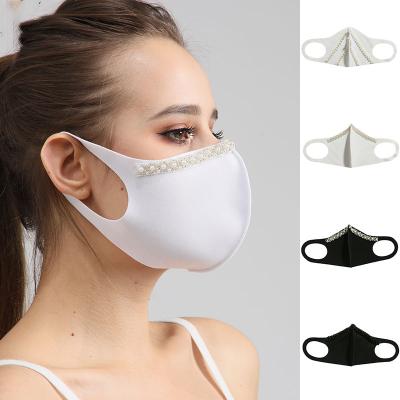 China Simple Elegant Sponge Pearl Silk Face Mask Skin Color Wedding Party Decoration Washable And Reusable Satin Friendly Breathable Mask for sale