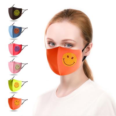 China Diamond Fashion Mask Ice Silk Rhinestone Smiley Party Dustproof Cotton Washable Skin Friendly Smile Mask Washable and Reusable for sale