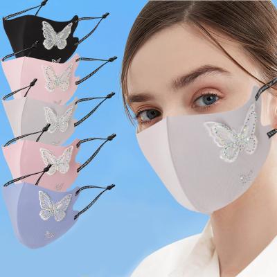 China Thin Ice Silk Cloth Embroidered Rhinestone Mask Rhinestone Band Drill Mask Skin Friendly Colorful Cool Feeling Mask Washable And Reusable for sale