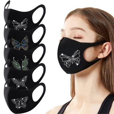 China Skin Friendly Washable And Reusable Stylish Custom Ice Silk Mask Ear Hanging Crystal Diamonds Rhinestone Face Mask Breathable Bling Butterfly For Women for sale