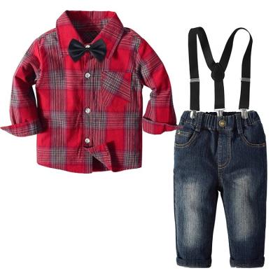 China European and American style autumn cotton clothes for children kids shirt and suspender jeans 2 pieces of boys clothing toddler outfits sets for sale