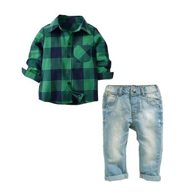 China European and American style long pants suit checked shirt and jeans 2 piece outfits spring fall clothes kids clothing set for sale