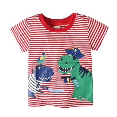 China Breathable Red Striped Tee With Dinosaur Pattern Boy's Summer Shirts for sale