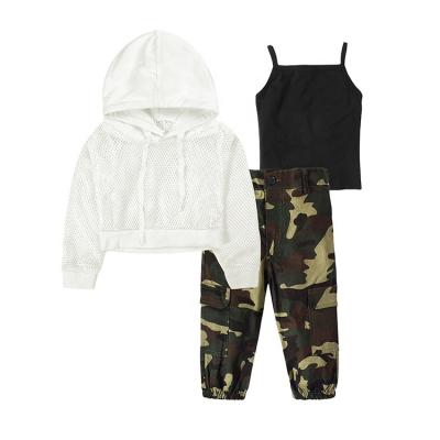 China Girls Summer Casual Clothing Sports Wear Sweatsuits Mesh Sweatshirt Camisole And Camouflage Pants Toddler Clothing Sets Sweat Outfits 3 Pieces for sale