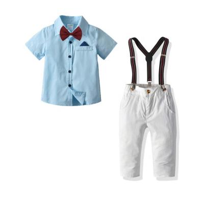 China OEM Casual Blue Short Sleeve Shirt and Suspender Pants Kids Two Piece Pants for 1 to 7 Years Kids Clothing Set for sale