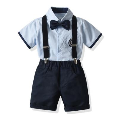 China Casual Kids Fashion Party Wear 2021 2 Piece Outfits Suit Bow Tie And Shirt And Suspender Shorts Clothes Logo Baby Clothing Sets Custom Made for sale