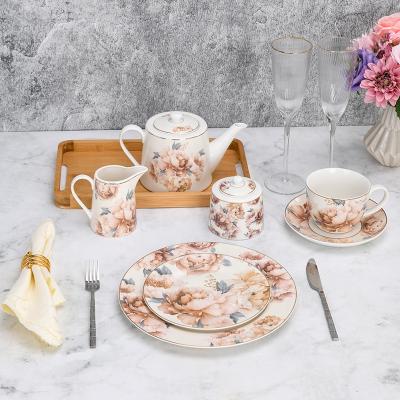 China New Viable Floral Sugar Pot Creamer Porcelain Teapot Coffee Tea Set Coffee Style Bone China Tea Set for sale