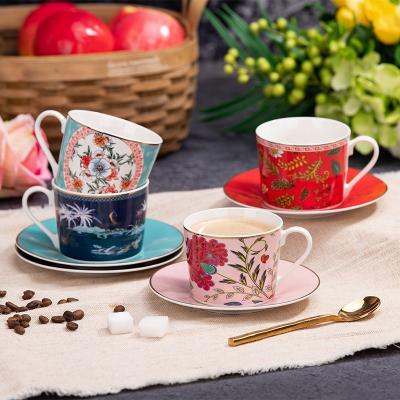 China New Viable Bone China Coffee Cup and Saucer Vintage Oil Painting Decal 4pcs Ceramic Teacup Set for sale