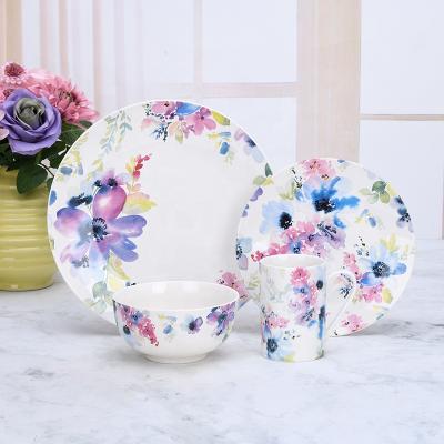 China Restaurant Sustainable Ceramic Dishes And Bowls Set Modern Dinnerware Plate Floral Decal for sale